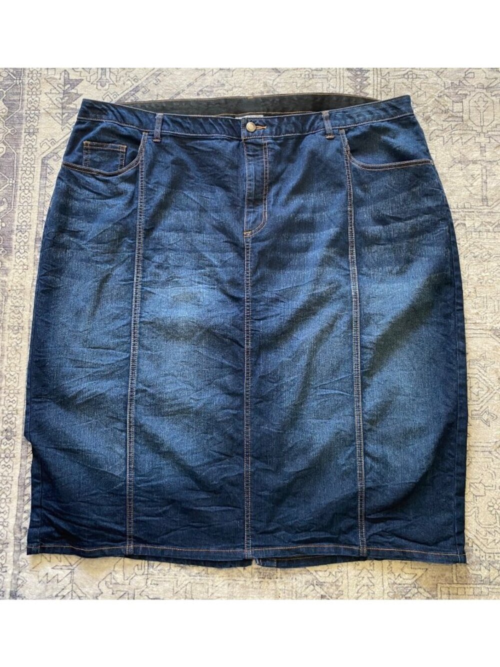 Catherines Denim Midi Skirt 3X 26/28W Zip Dark Wash Stretch Cotton Straight Fit
